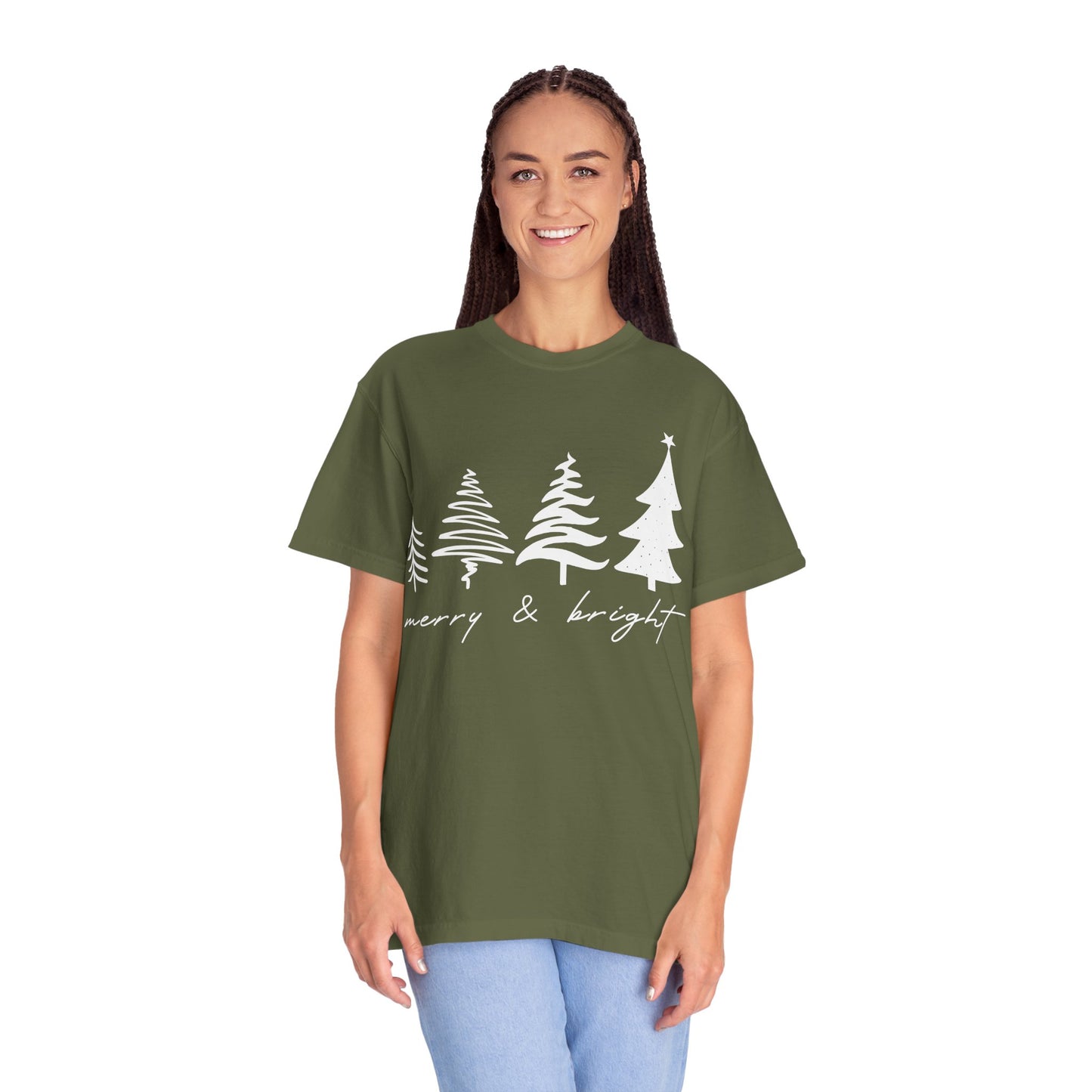 Merry & Bright Holiday Shirt | Retro Merry Christmas Holiday Tees | Xmas Winter Outfit | Christmas Trees T-shirt | Womens Festive Holiday