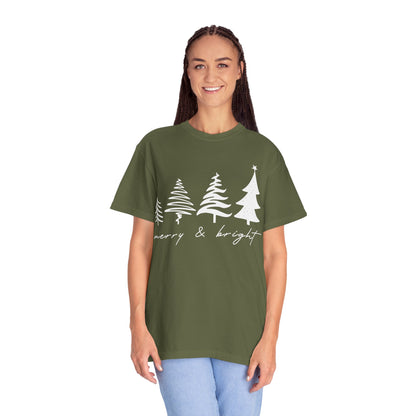 Merry & Bright Holiday Shirt | Retro Merry Christmas Holiday Tees | Xmas Winter Outfit | Christmas Trees T-shirt | Womens Festive Holiday