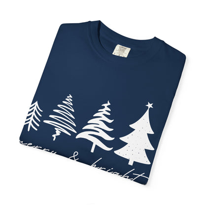 Merry & Bright Holiday Shirt | Retro Merry Christmas Holiday Tees | Xmas Winter Outfit | Christmas Trees T-shirt | Womens Festive Holiday