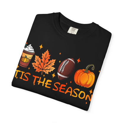 Tis The Season autumn icons T-shirt | coffee leaf football pumpkin