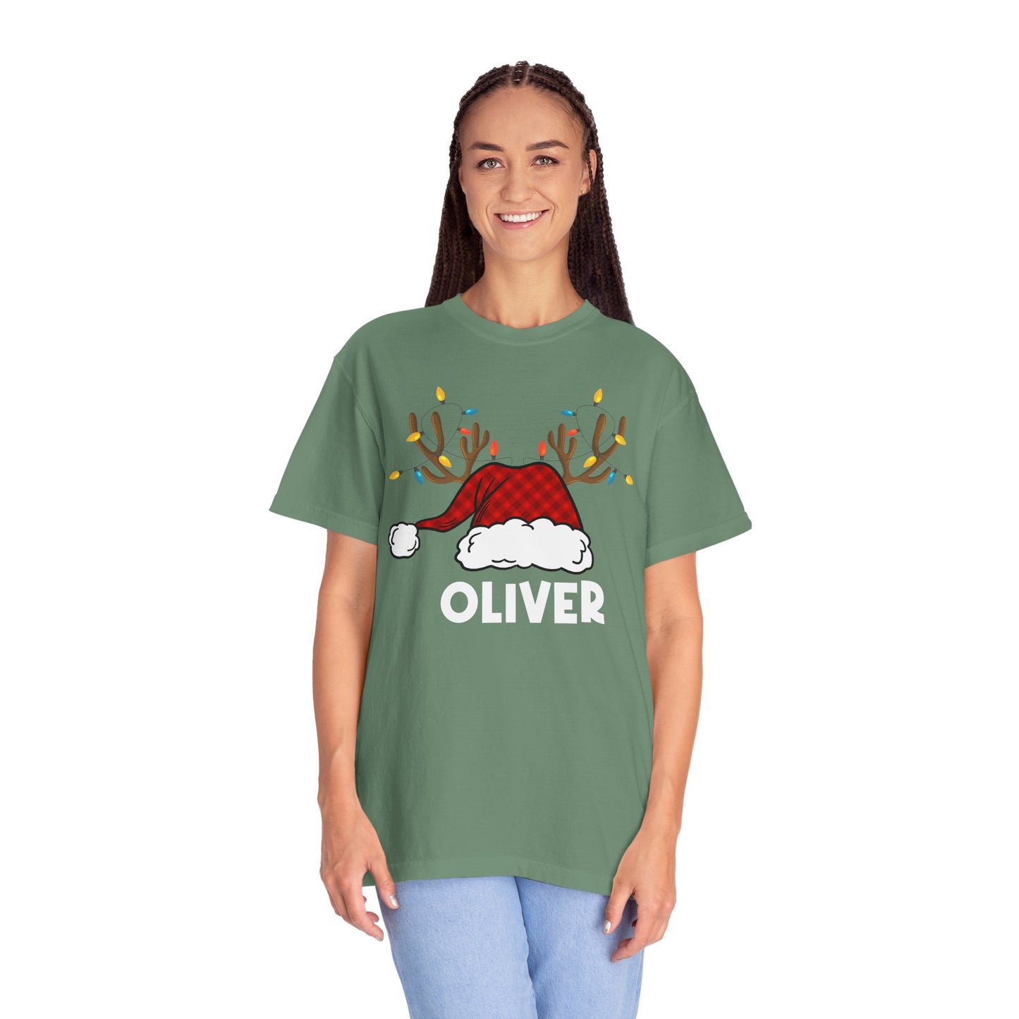 Santa Hat with Reindeer Christmas Tee | Personalized Christmas Sweatshirt | Kids Holiday Shirt | Winter Family Matching