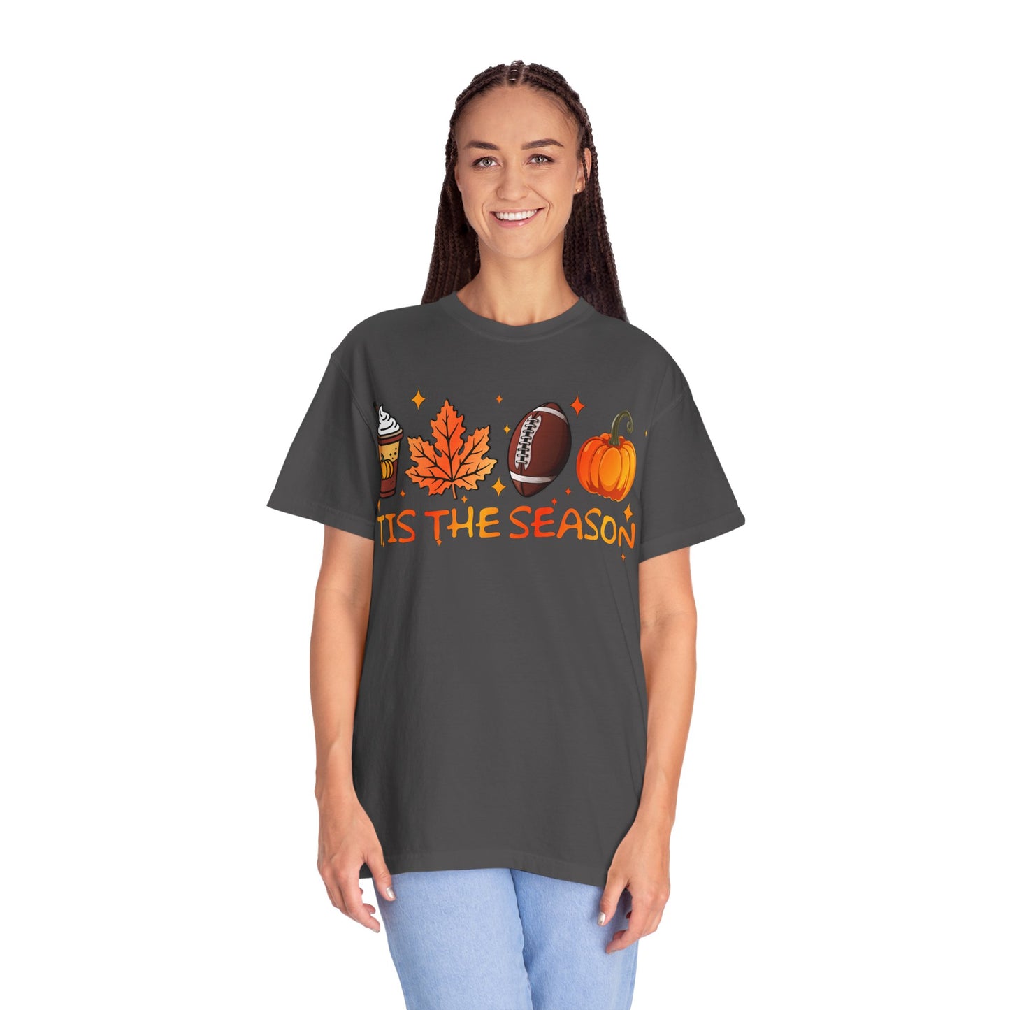 Tis The Season autumn icons T-shirt | coffee leaf football pumpkin