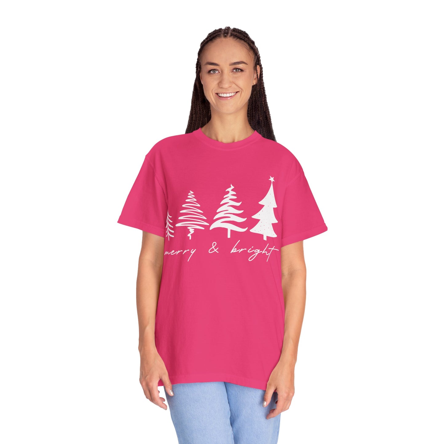 Merry & Bright Holiday Shirt | Retro Merry Christmas Holiday Tees | Xmas Winter Outfit | Christmas Trees T-shirt | Womens Festive Holiday