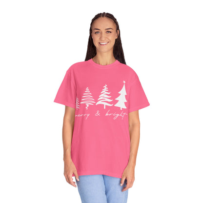 Merry & Bright Holiday Shirt | Retro Merry Christmas Holiday Tees | Xmas Winter Outfit | Christmas Trees T-shirt | Womens Festive Holiday
