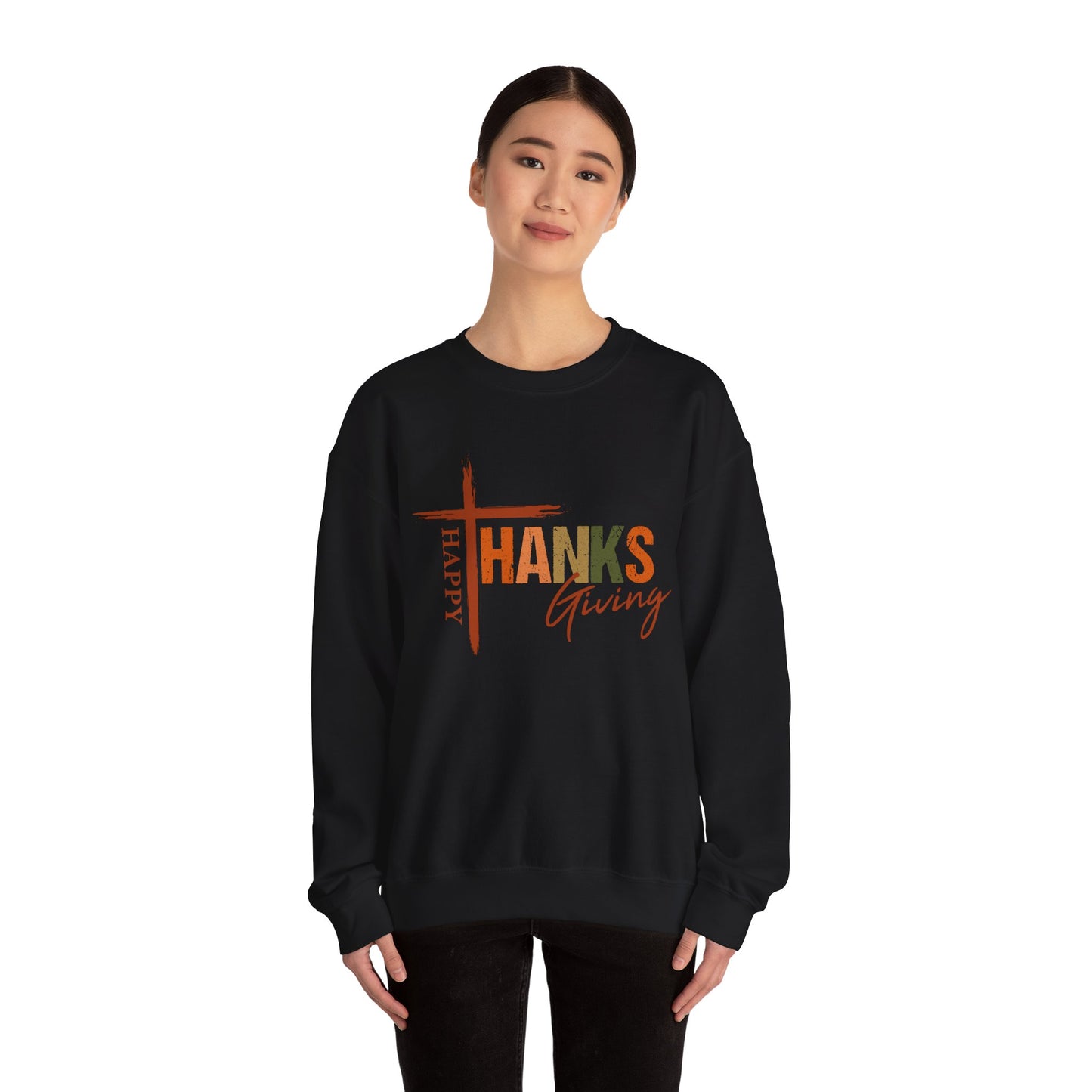 Happy Thanksgiving Cross Typography Sweatshirt | Thanksgiving Sweatshirt
