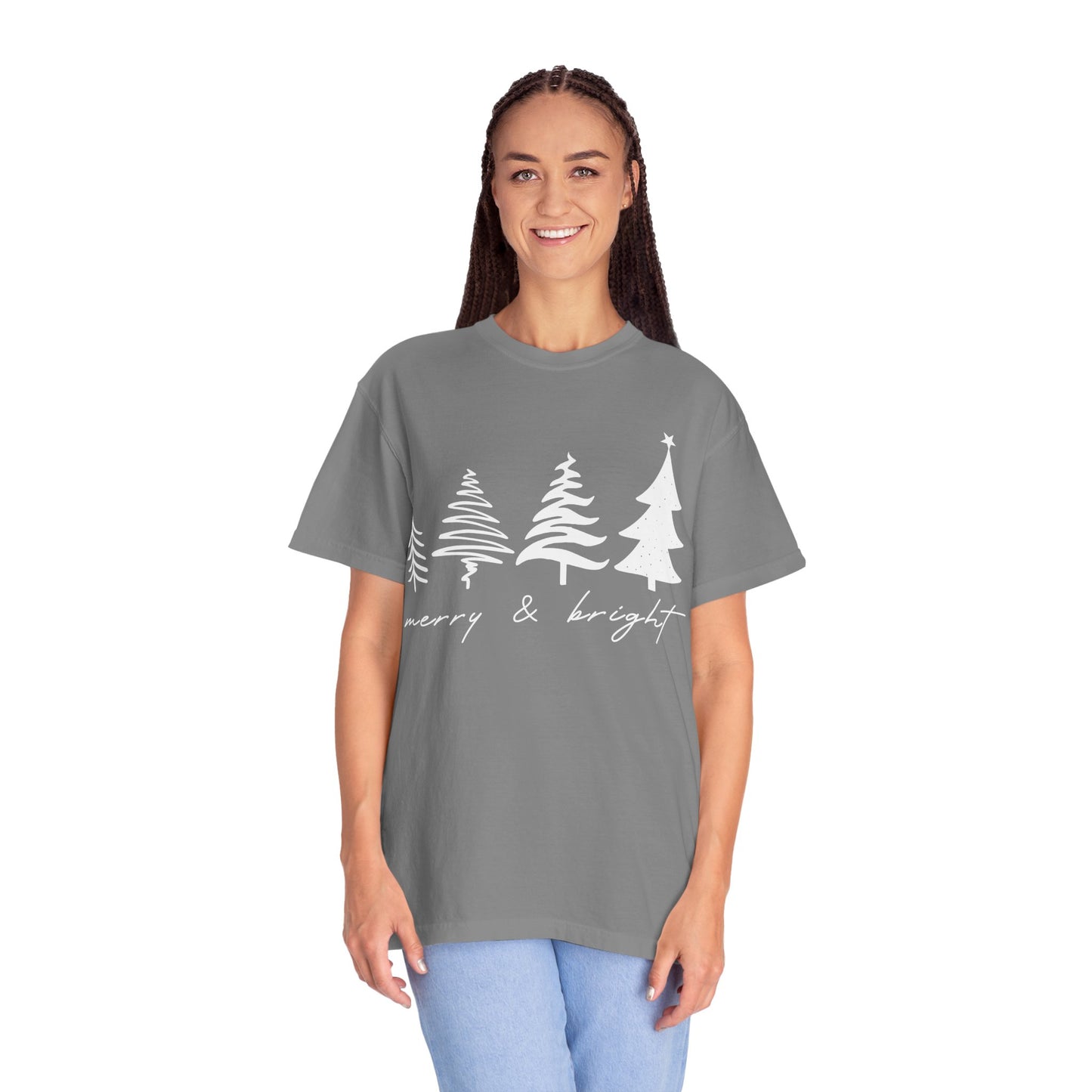 Merry & Bright Holiday Shirt | Retro Merry Christmas Holiday Tees | Xmas Winter Outfit | Christmas Trees T-shirt | Womens Festive Holiday