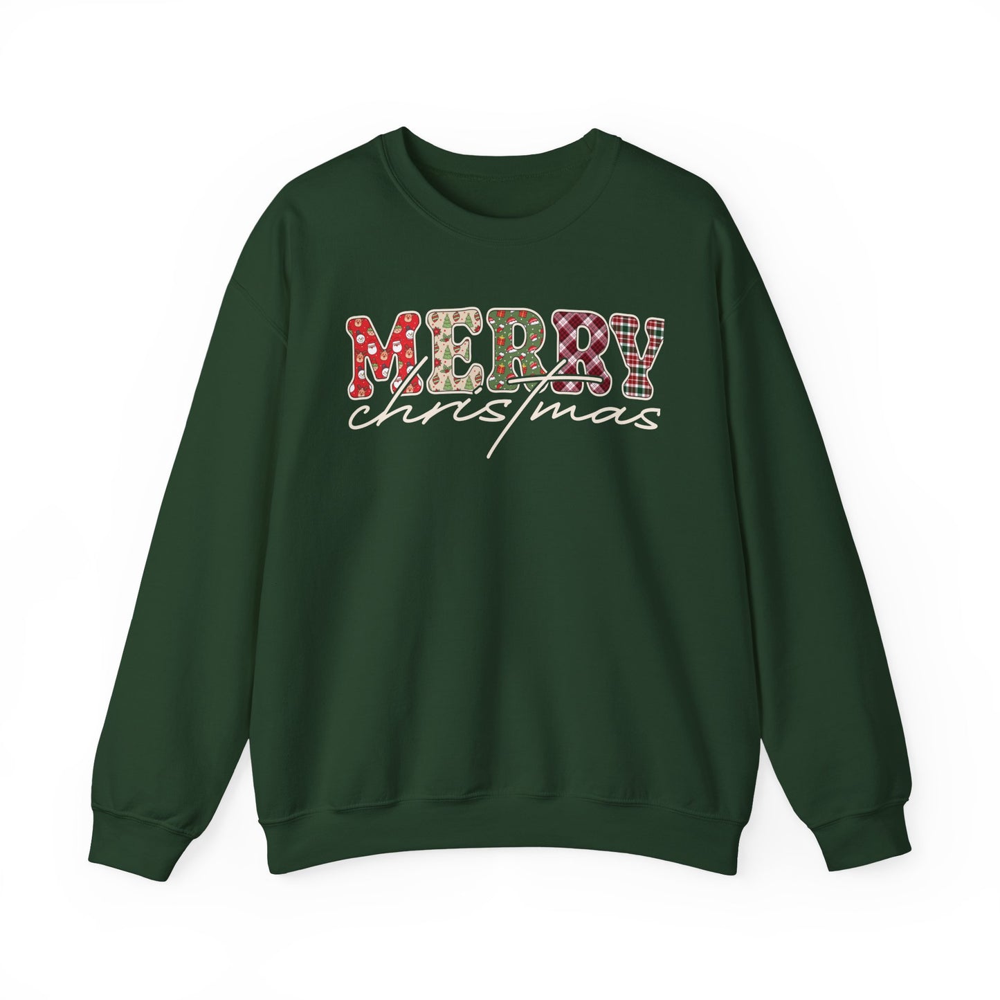 Plaid "Merry" Christmas Sweatshirt | Cute Winter Holiday Sweater | Patchwork Merry Christmas | Red and Green Plaid, Festive Crewneck