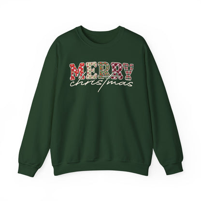 Plaid "Merry" Christmas Sweatshirt | Cute Winter Holiday Sweater | Patchwork Merry Christmas | Red and Green Plaid, Festive Crewneck