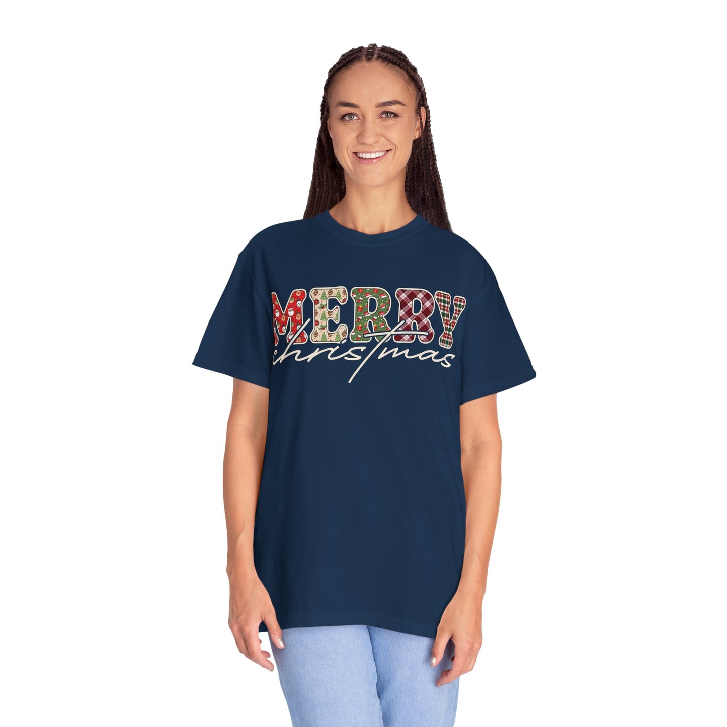 Plaid "Merry" Christmas T-shirt | Cute Winter Holiday Tees | Patchwork Merry Christmas Shirt | Red and Green Plaid, Festive Crewneck
