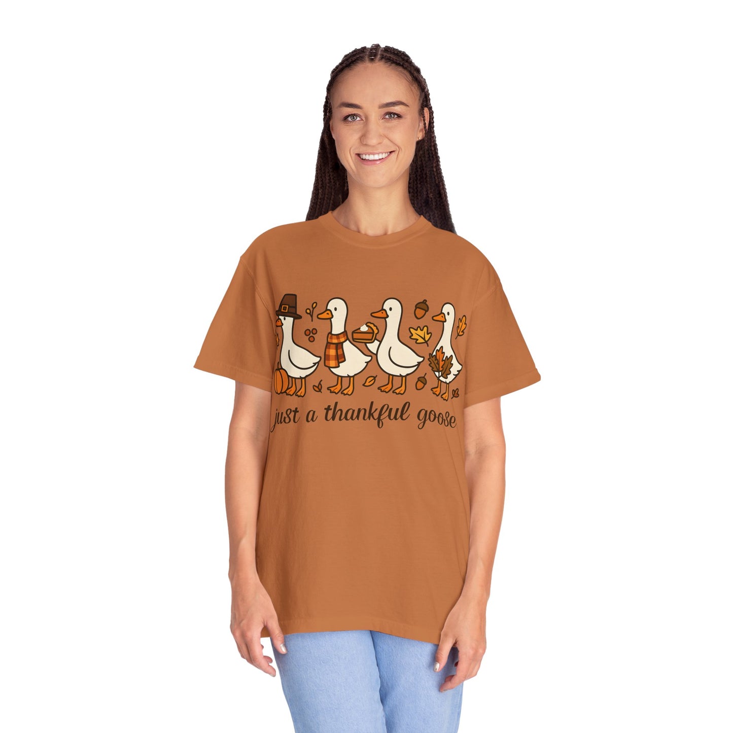Thankful Goose Illustration T-shirt | Thanksgiving Fall Ducks Pumpkins Leaves