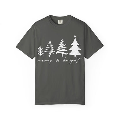 Merry & Bright Holiday Shirt | Retro Merry Christmas Holiday Tees | Xmas Winter Outfit | Christmas Trees T-shirt | Womens Festive Holiday
