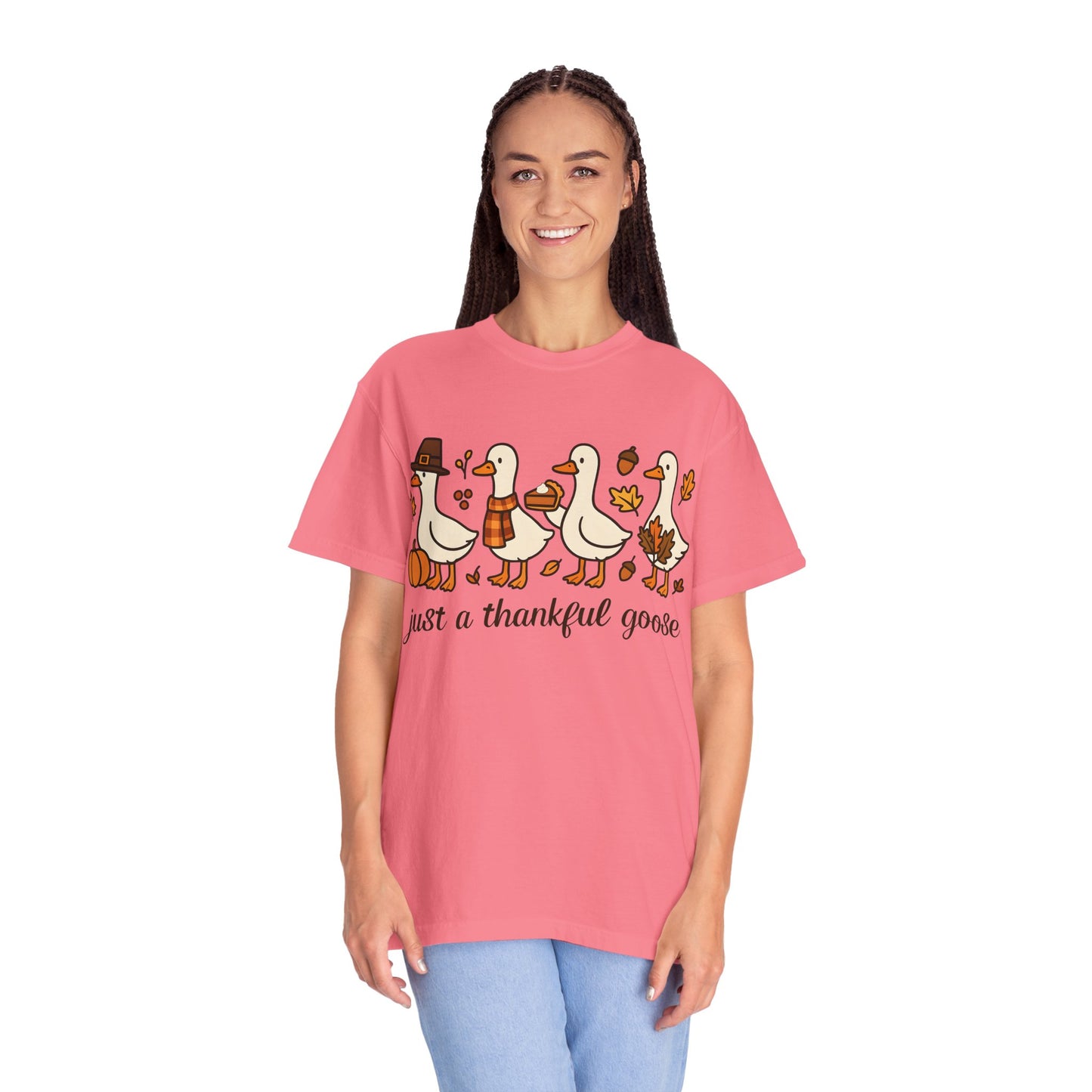 Thankful Goose Illustration T-shirt | Thanksgiving Fall Ducks Pumpkins Leaves