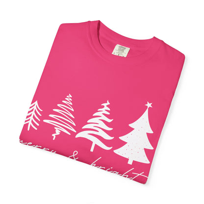 Merry & Bright Holiday Shirt | Retro Merry Christmas Holiday Tees | Xmas Winter Outfit | Christmas Trees T-shirt | Womens Festive Holiday