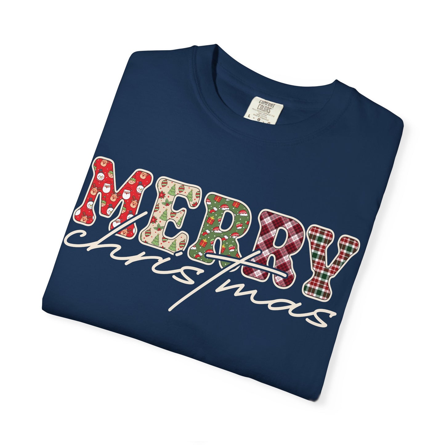 Plaid "Merry" Christmas T-shirt | Cute Winter Holiday Tees | Patchwork Merry Christmas Shirt | Red and Green Plaid, Festive Crewneck