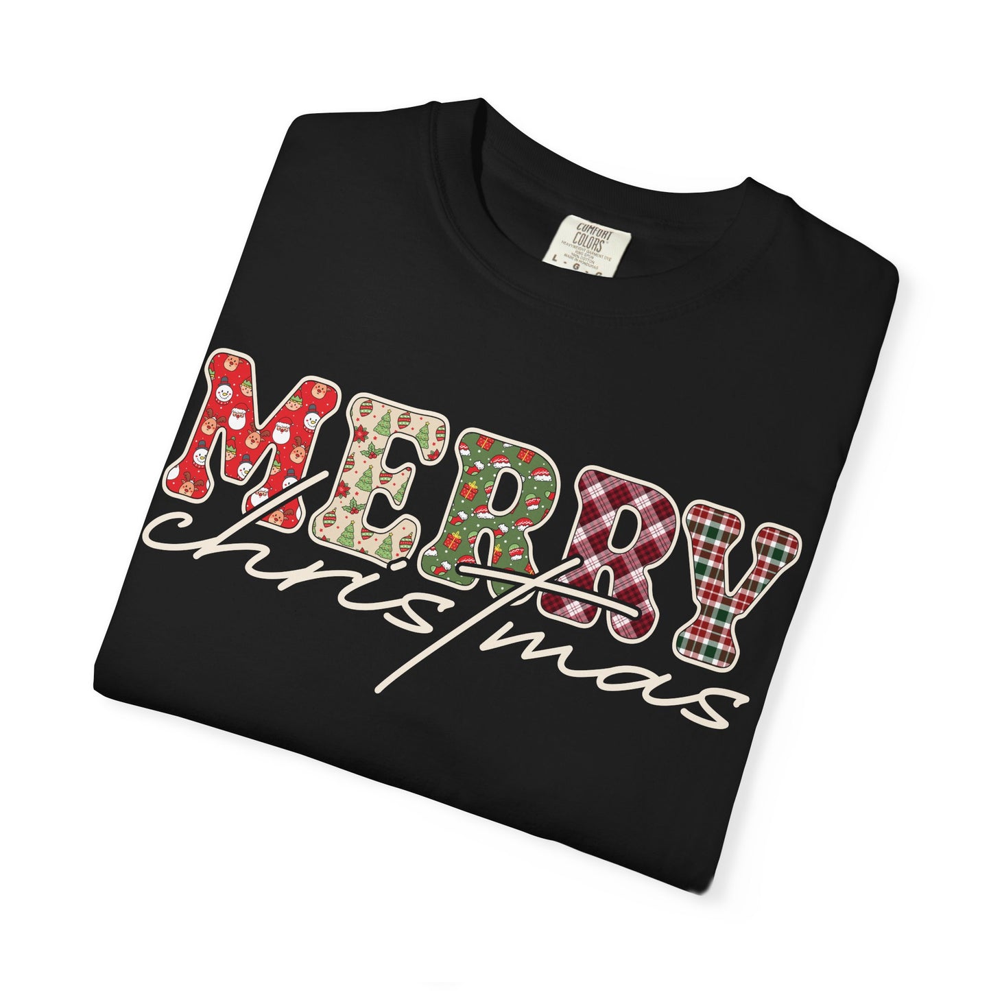 Plaid "Merry" Christmas T-shirt | Cute Winter Holiday Tees | Patchwork Merry Christmas Shirt | Red and Green Plaid, Festive Crewneck