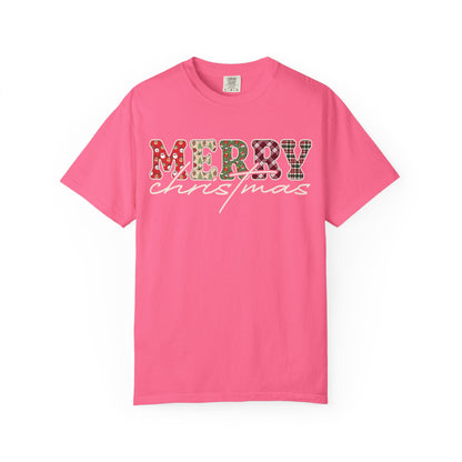 Plaid "Merry" Christmas T-shirt | Cute Winter Holiday Tees | Patchwork Merry Christmas Shirt | Red and Green Plaid, Festive Crewneck