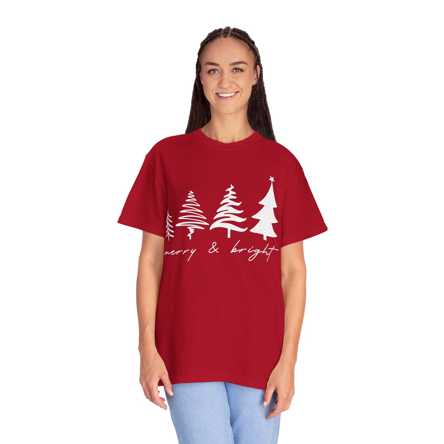 Merry & Bright Holiday Shirt | Retro Merry Christmas Holiday Tees | Xmas Winter Outfit | Christmas Trees T-shirt | Womens Festive Holiday