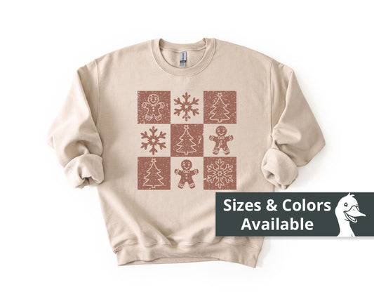 Checkered Gingerbread Sweatshirt | Retro Tree, Snowlake & Gingerbread Sweater