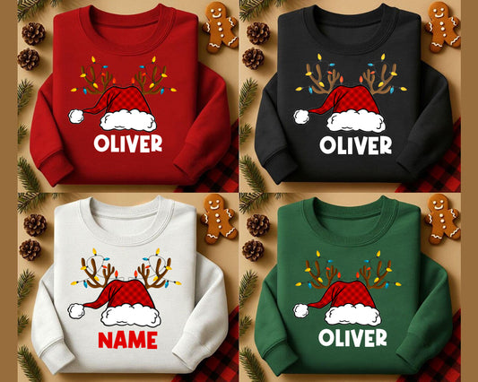 Santa Hat with Reindeer Christmas Tee | Personalized Christmas Sweatshirt | Kids Holiday Shirt | Winter Family Matching