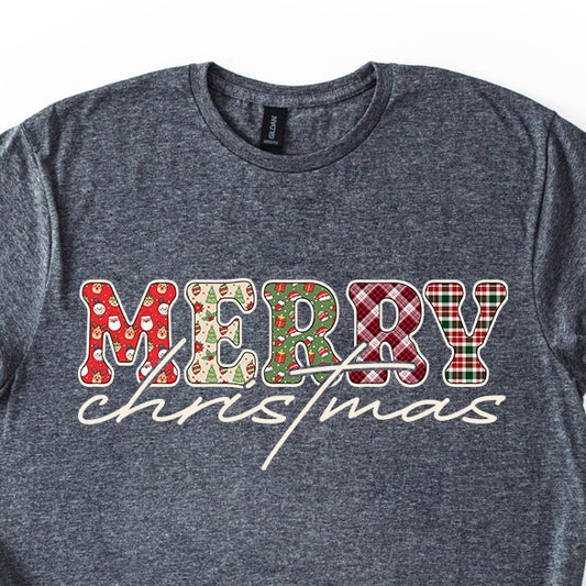 Plaid "Merry" Christmas T-shirt | Cute Winter Holiday Tees | Patchwork Merry Christmas Shirt | Red and Green Plaid, Festive Crewneck