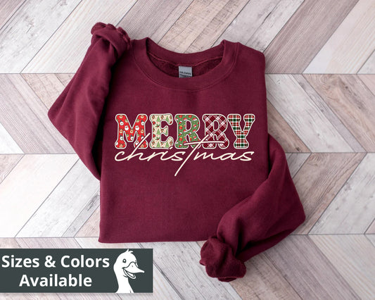 Plaid "Merry" Christmas Sweatshirt | Cute Winter Holiday Sweater | Patchwork Merry Christmas | Red and Green Plaid, Festive Crewneck