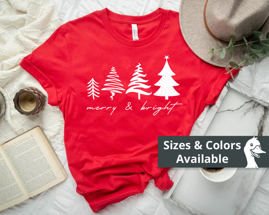 Merry & Bright Holiday Shirt | Retro Merry Christmas Holiday Tees | Xmas Winter Outfit | Christmas Trees T-shirt | Womens Festive Holiday
