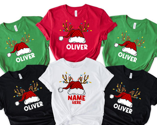 Santa Hat with Reindeer Christmas Tee | Personalized Christmas Sweatshirt | Kids Holiday Shirt | Winter Family Matching