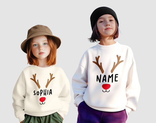 Matching Christmas Kids Shirts | Cute Custom Name Reindeer Graphic Sweatshirt for Family | Funny Customizable Family Christmas Shirts