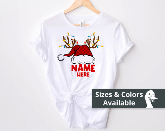 Santa Hat with Reindeer Christmas Tee | Personalized Christmas Sweatshirt | Kids Holiday Shirt | Winter Family Matching