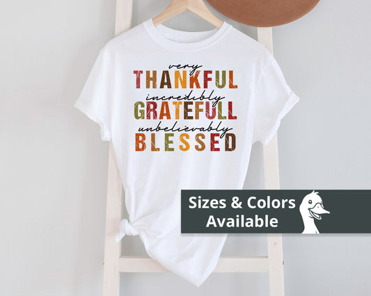 Thankful Grateful Blessed T-Shirt, Fall Colors, Soft Cotton