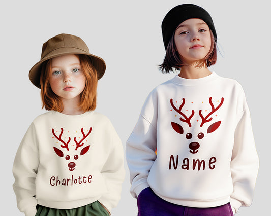 Personalized Kids Christmas Shirt | Girls Reindeer Name Toddler Sweatshirt | Custom Retro Xmas Natural Onesie | Cute Holiday Girls Shirt
