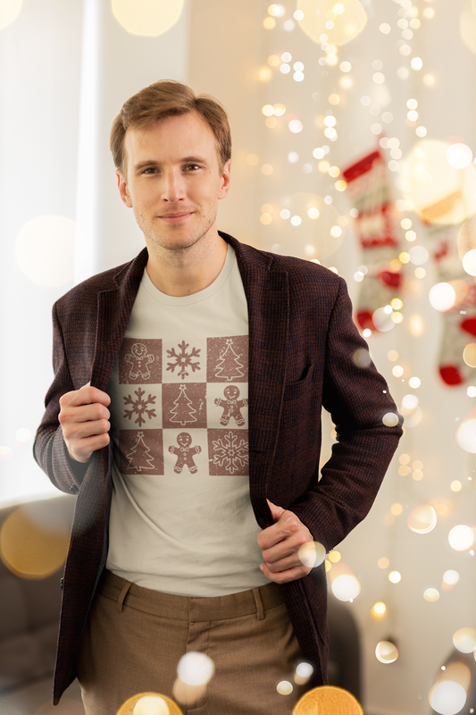 Checkered Gingerbread T-shirt | Retro Tree, Snowlake & Gingerbread Shirt for Men