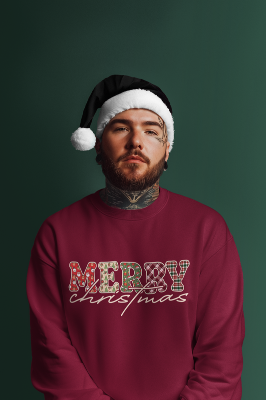 Plaid "Merry" Christmas Sweatshirt | Cute Winter Holiday Sweater | Patchwork Merry Christmas | Red and Green Plaid, Festive Crewneck