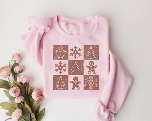 Checkered Gingerbread Sweatshirt | Retro Tree, Snowlake & Gingerbread Sweater