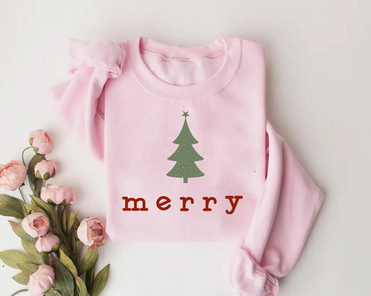 Retro Merry Tree Sweatshirt | Merry Christmas Tree Sweatshirt | Festive Holiday Pullover