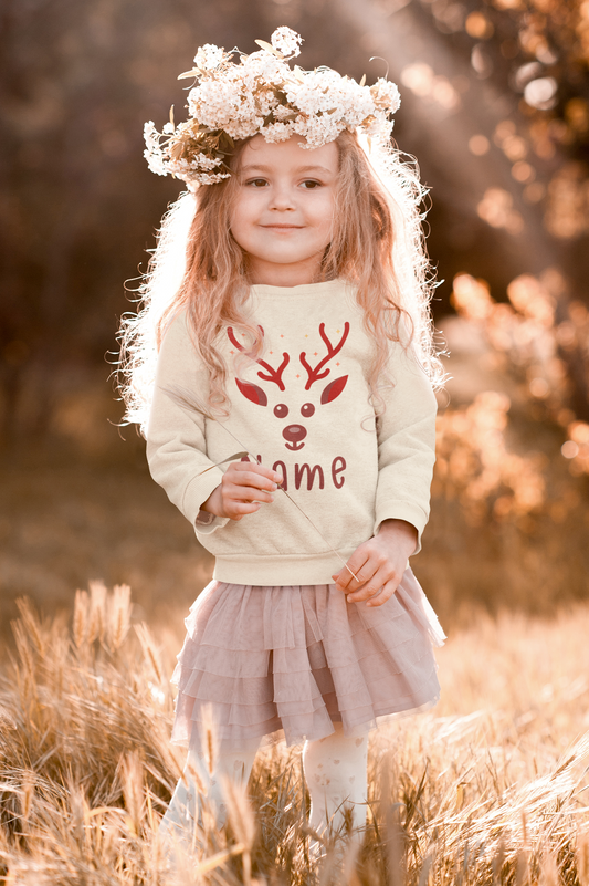 Personalized Kids Christmas Shirt | Girls Reindeer Name Toddler Sweatshirt | Custom Retro Xmas Natural Onesie | Cute Holiday Girls Shirt