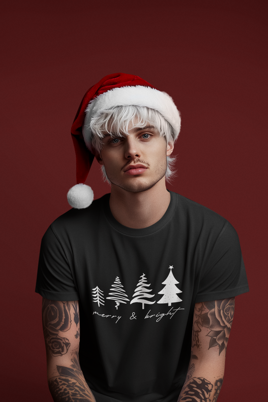 Merry & Bright Holiday Shirt | Retro Merry Christmas Holiday Tees | Xmas Winter Outfit | Christmas Trees T-shirt | Womens Festive Holiday